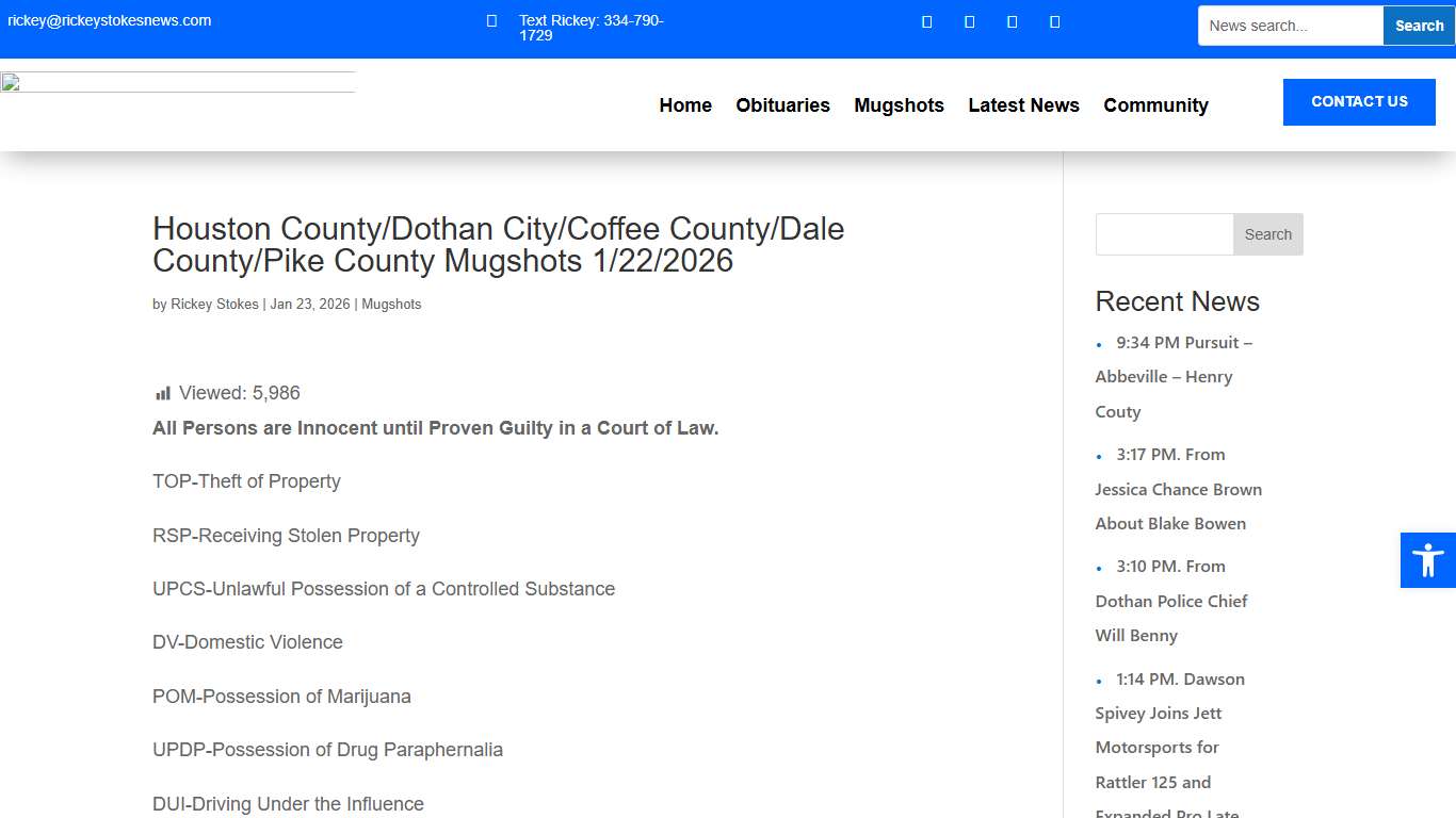 Houston County/Dothan City/Coffee County/Dale County/Pike County Mugshots 1/22/2026 - Rickey Stokes News